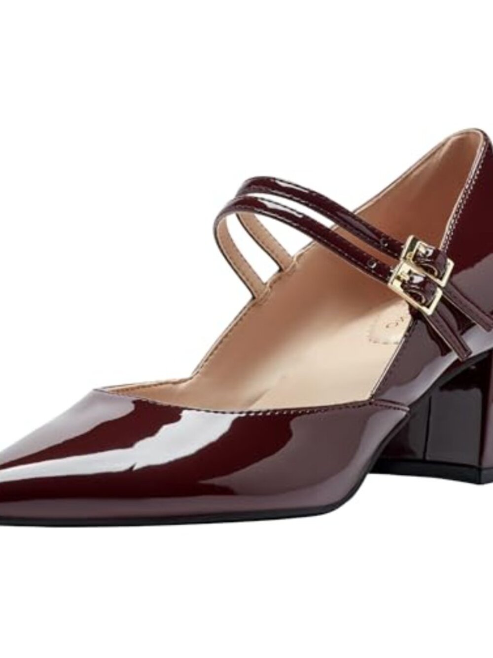 Pointy Toe Faux Patent Leather Mid Block Heel Buckle Pumps